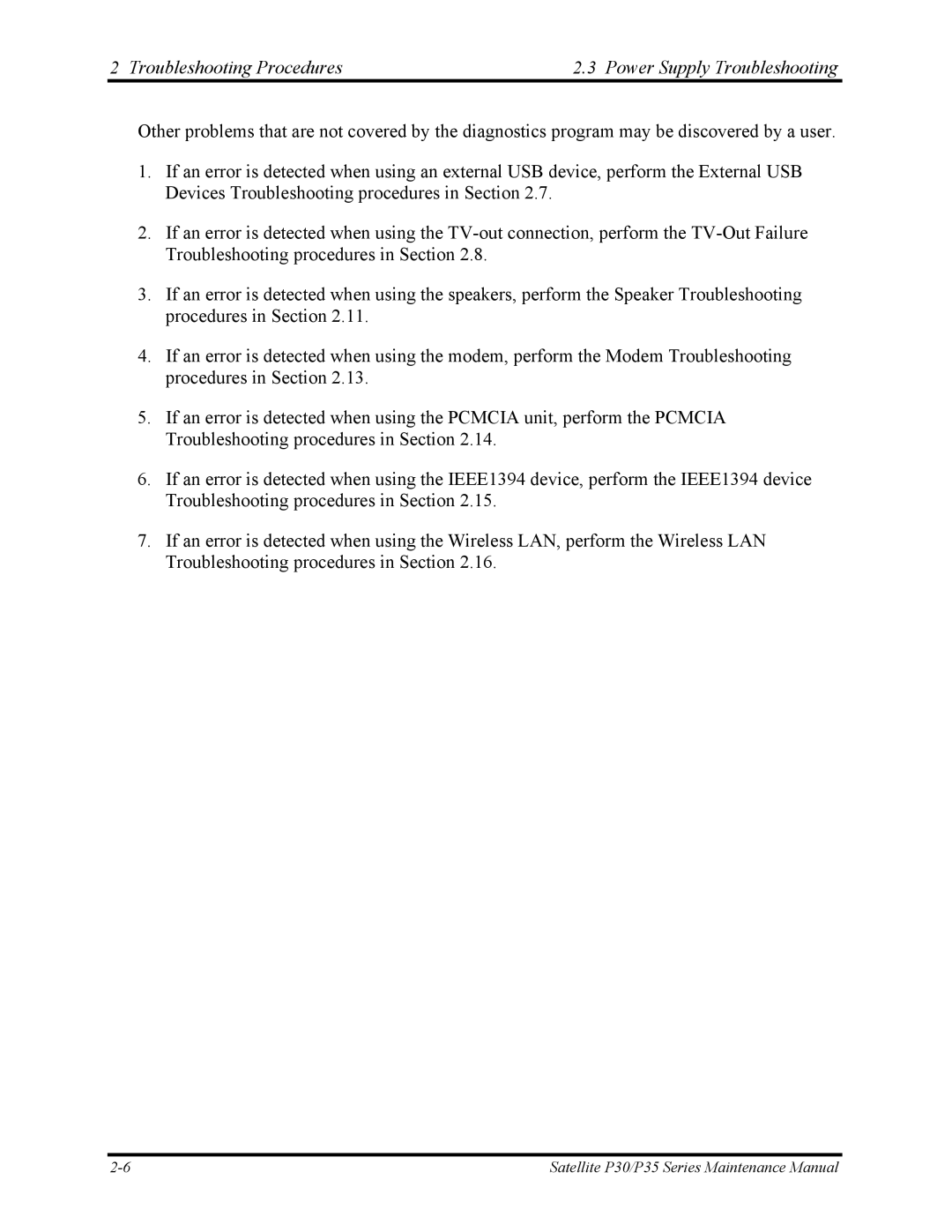 Toshiba P30 manual Troubleshooting Procedures Power Supply Troubleshooting 