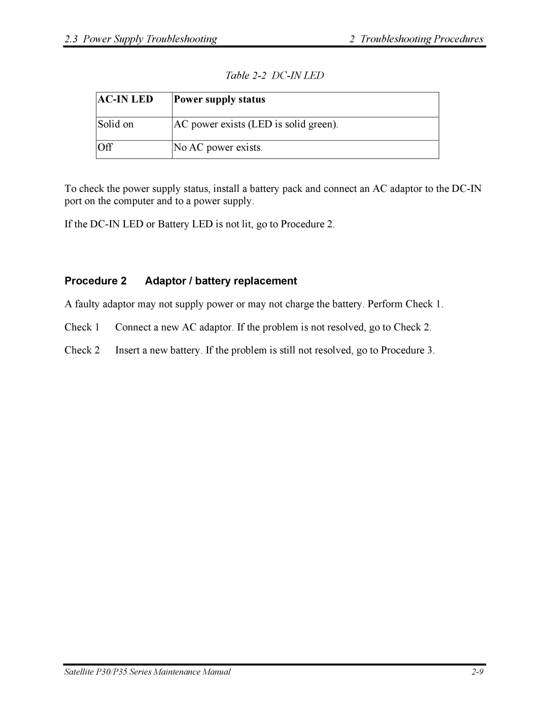 Toshiba P30 manual Ac-In Led, Procedure 2 Adaptor / battery replacement 