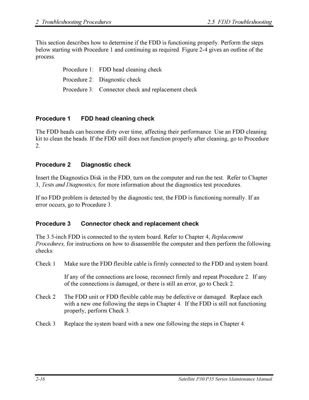 Toshiba P30 manual Troubleshooting Procedures FDD Troubleshooting, Procedure 1 FDD head cleaning check 