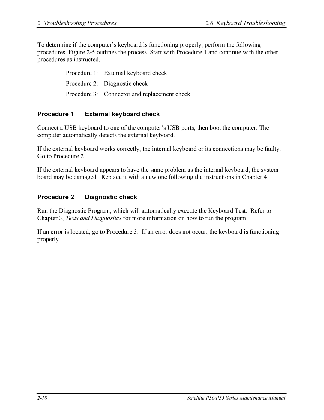 Toshiba P30 manual Troubleshooting Procedures Keyboard Troubleshooting, Procedure 1 External keyboard check 