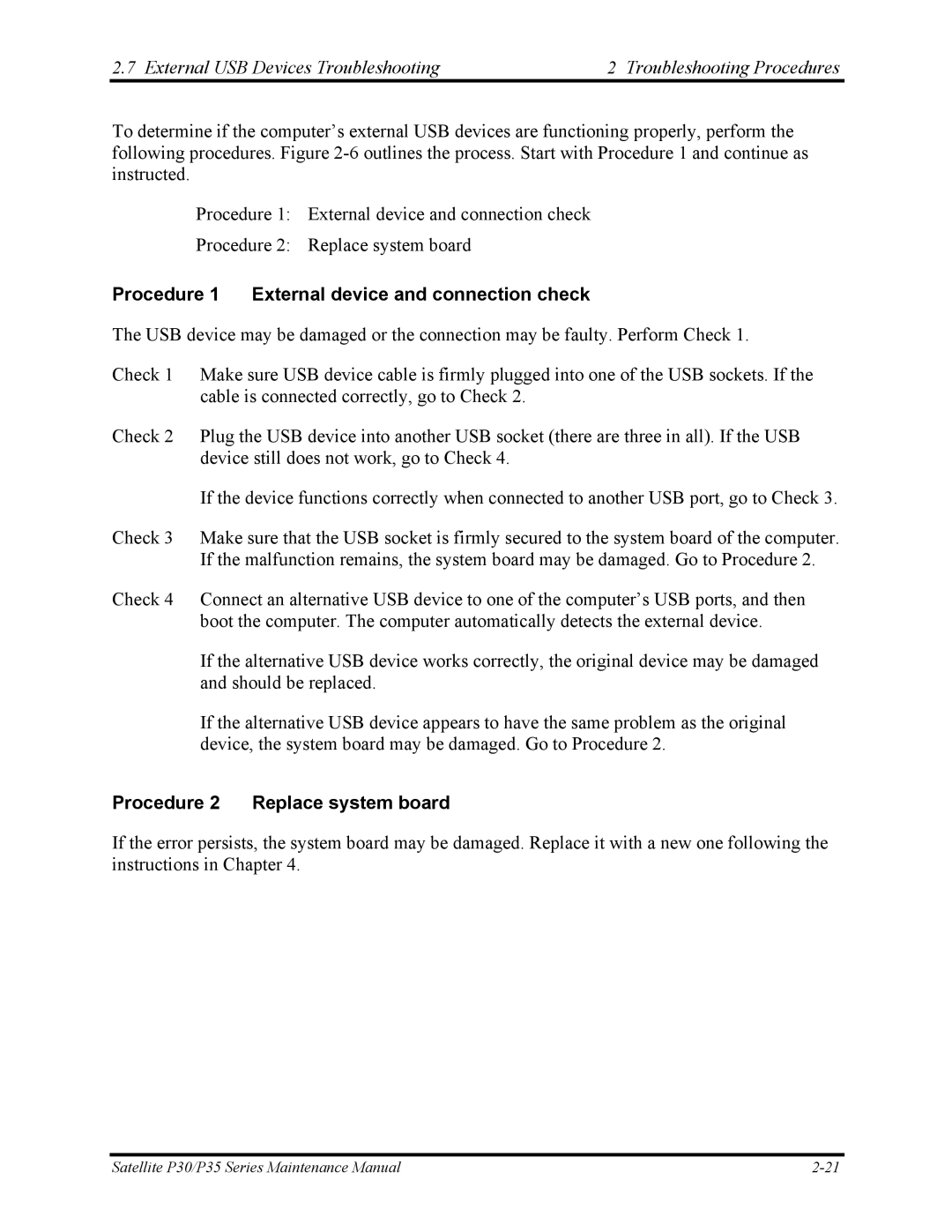Toshiba P30 manual Procedure 1 External device and connection check, Procedure 2 Replace system board 