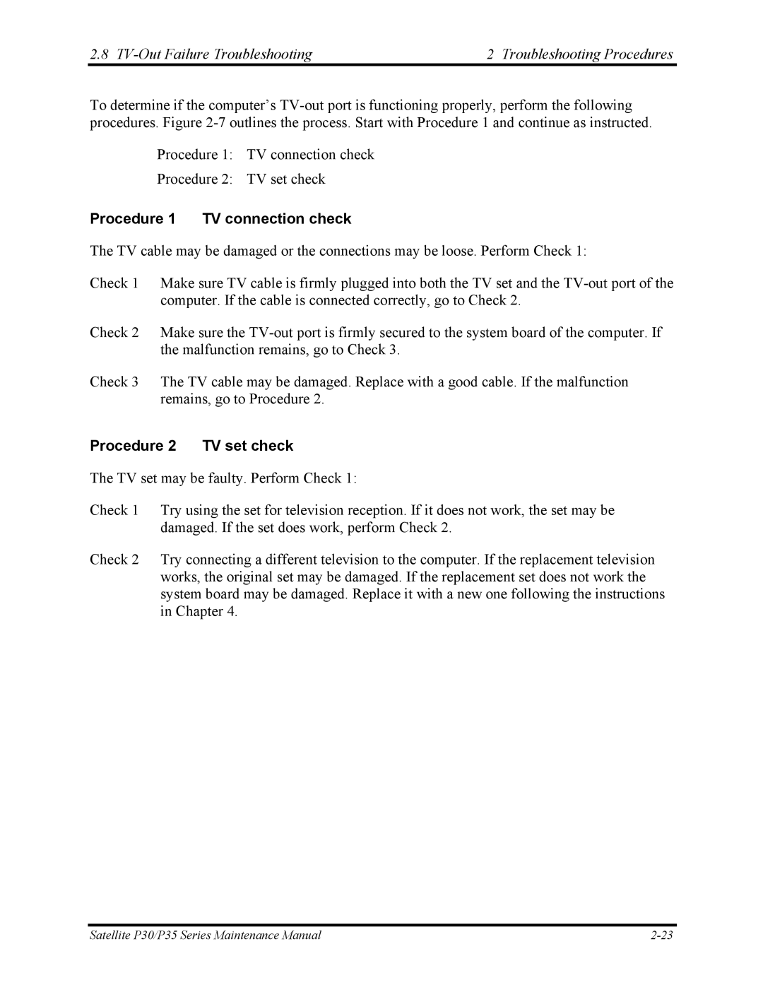 Toshiba P30 manual TV-Out Failure Troubleshooting Troubleshooting Procedures, Procedure 1 TV connection check 