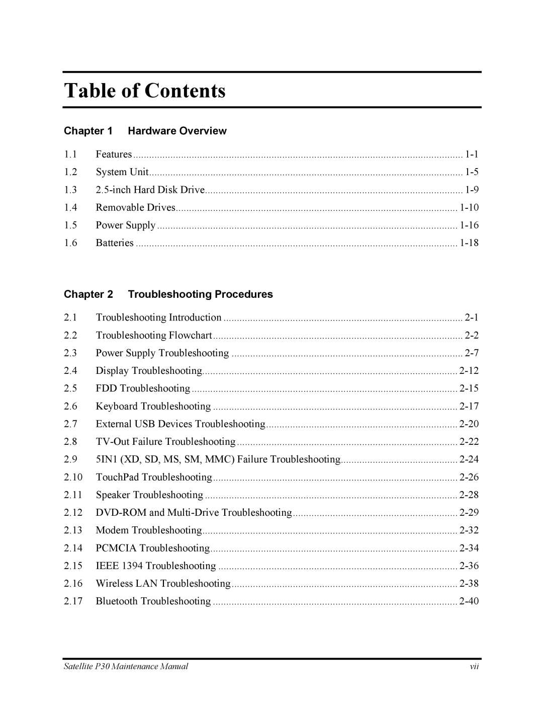 Toshiba P30 manual Table of Contents 