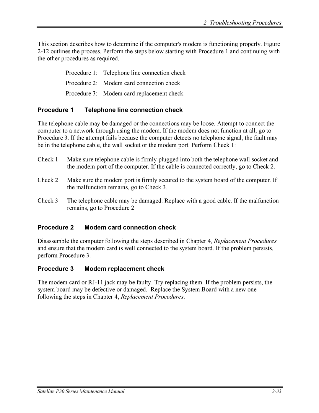 Toshiba P30 manual Procedure 1 Telephone line connection check, Procedure 2 Modem card connection check 