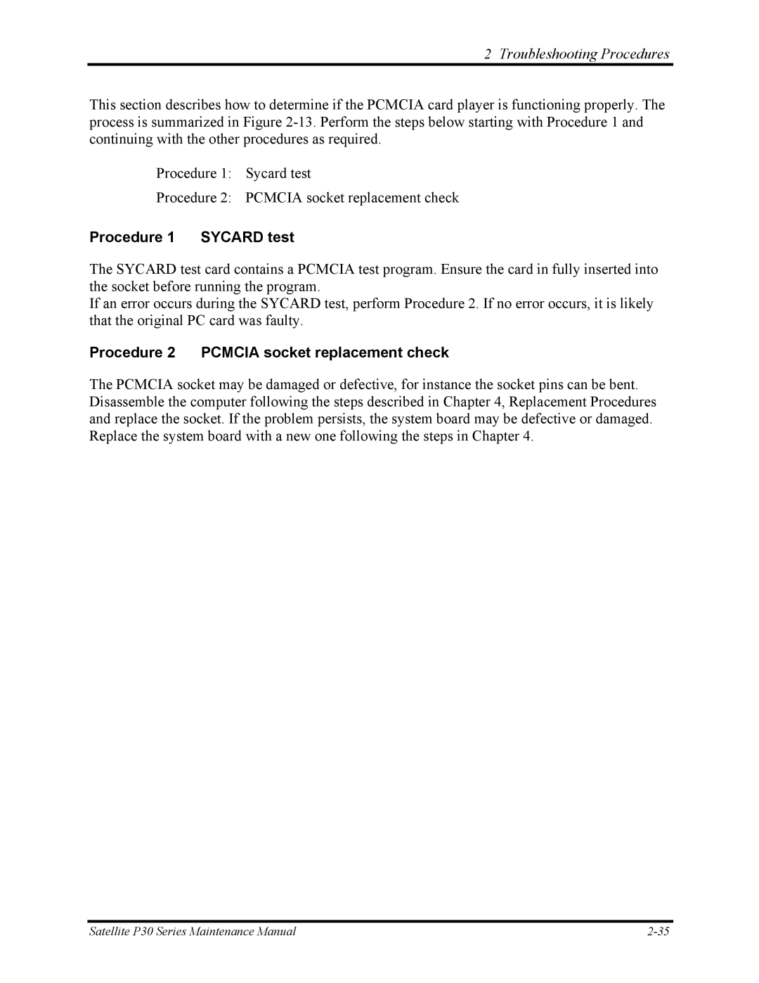 Toshiba P30 manual Procedure 1 Sycard test, Procedure 2 Pcmcia socket replacement check 