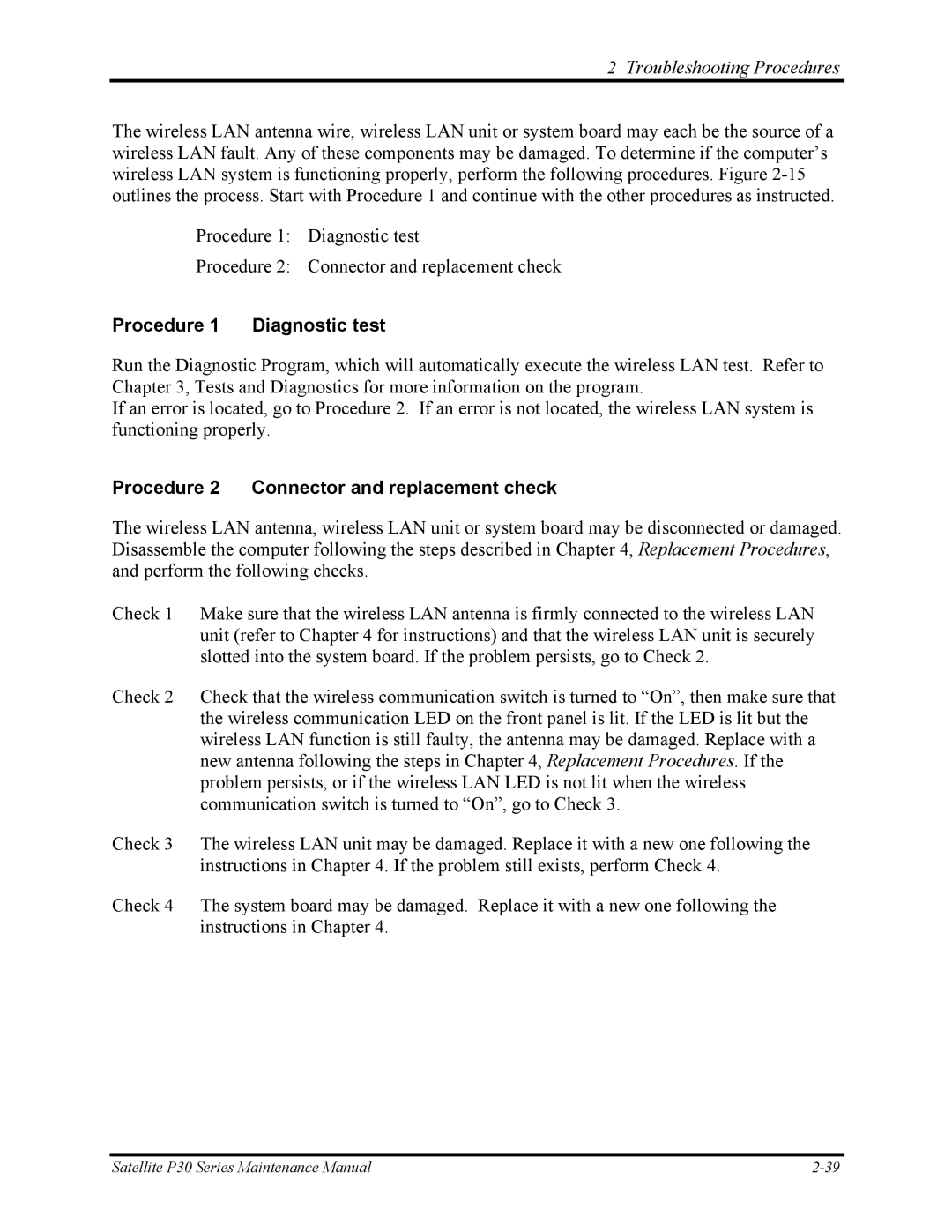 Toshiba P30 manual Procedure Diagnostic test, Procedure 2 Connector and replacement check 