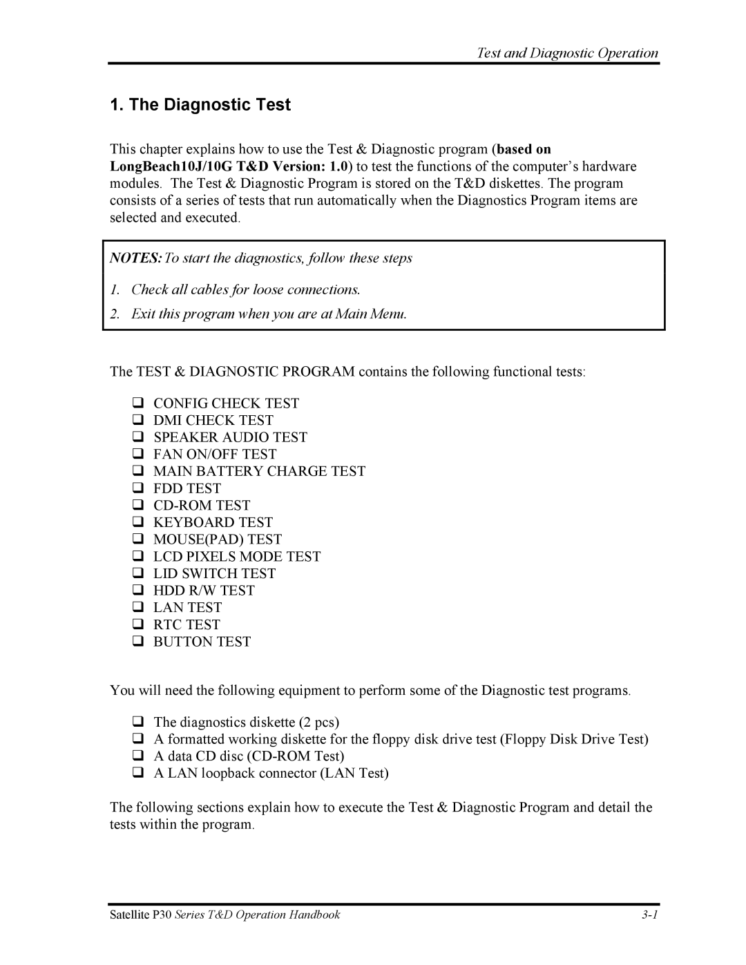 Toshiba P30 manual Diagnostic Test 