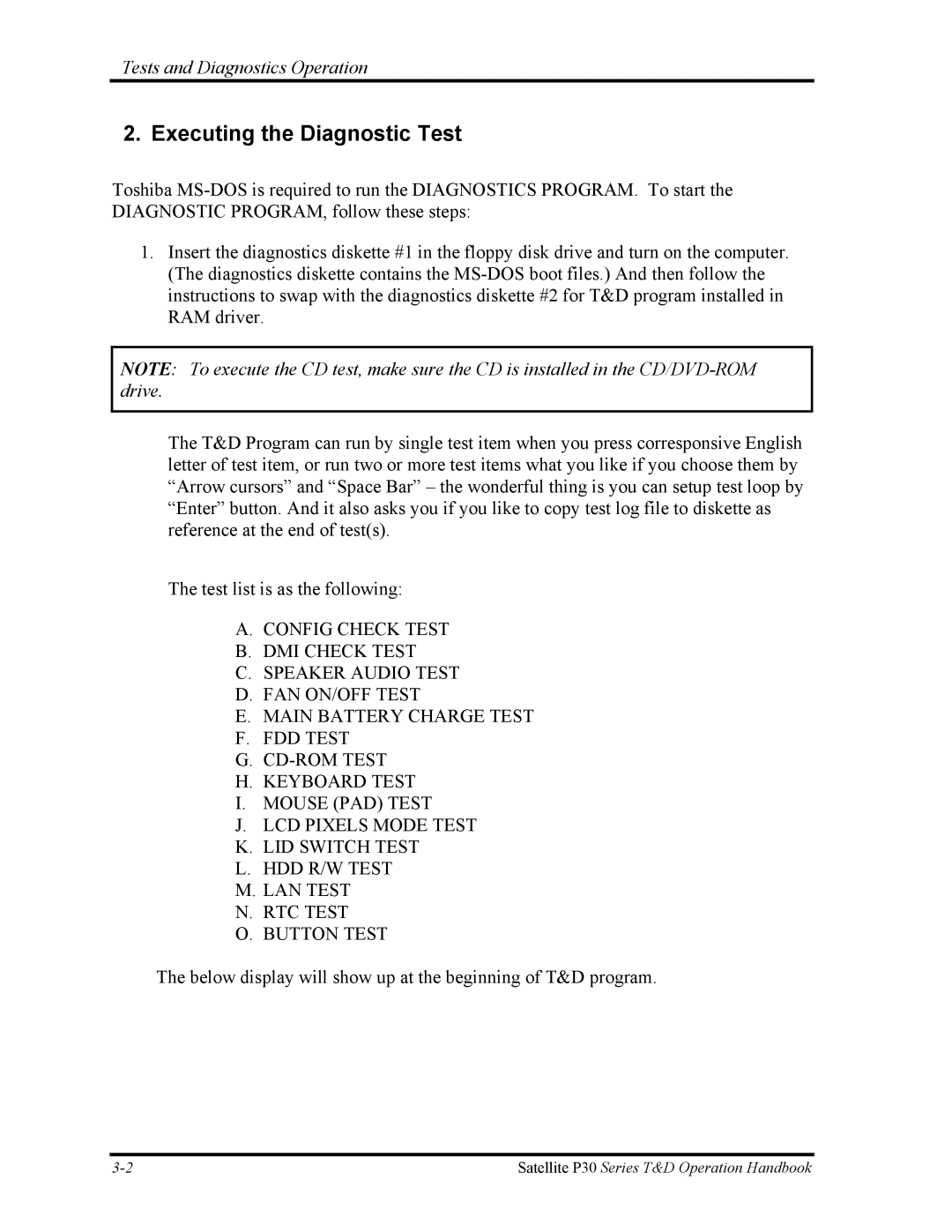 Toshiba P30 manual Executing the Diagnostic Test, Tests and Diagnostics Operation 