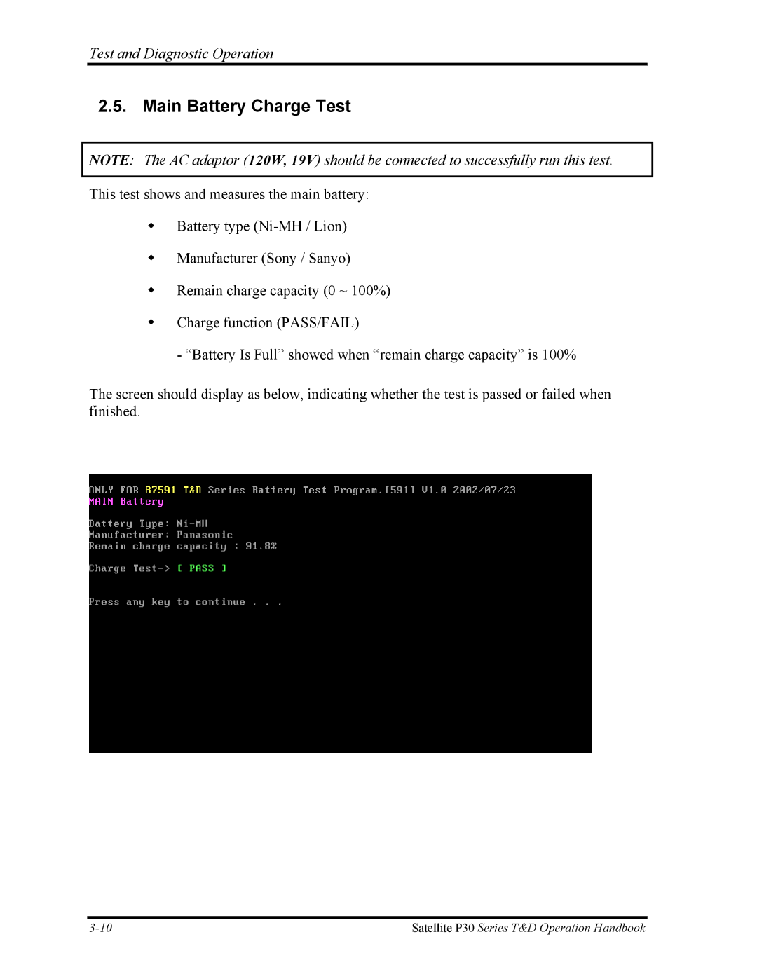 Toshiba P30 manual Main Battery Charge Test 