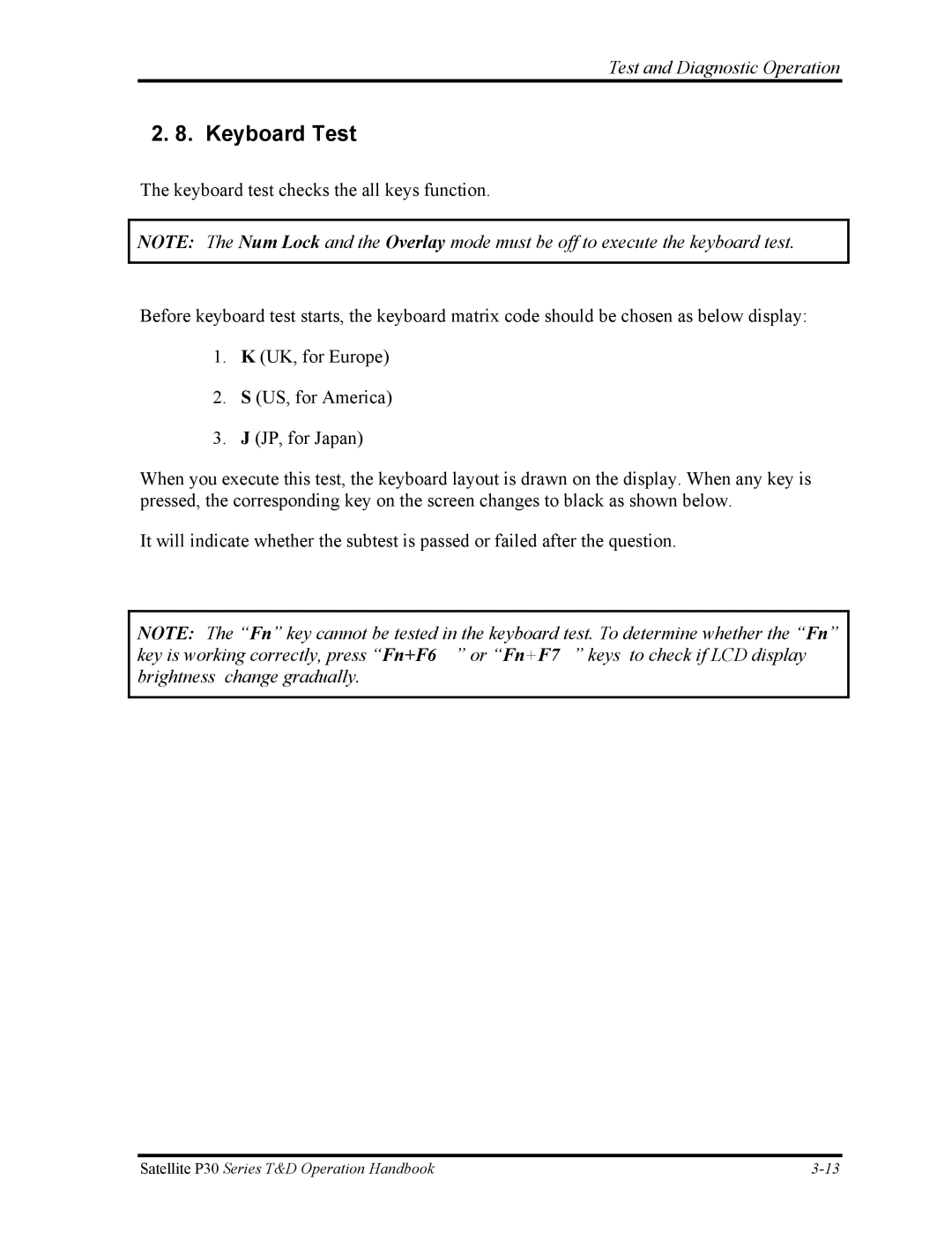 Toshiba P30 manual Keyboard Test 