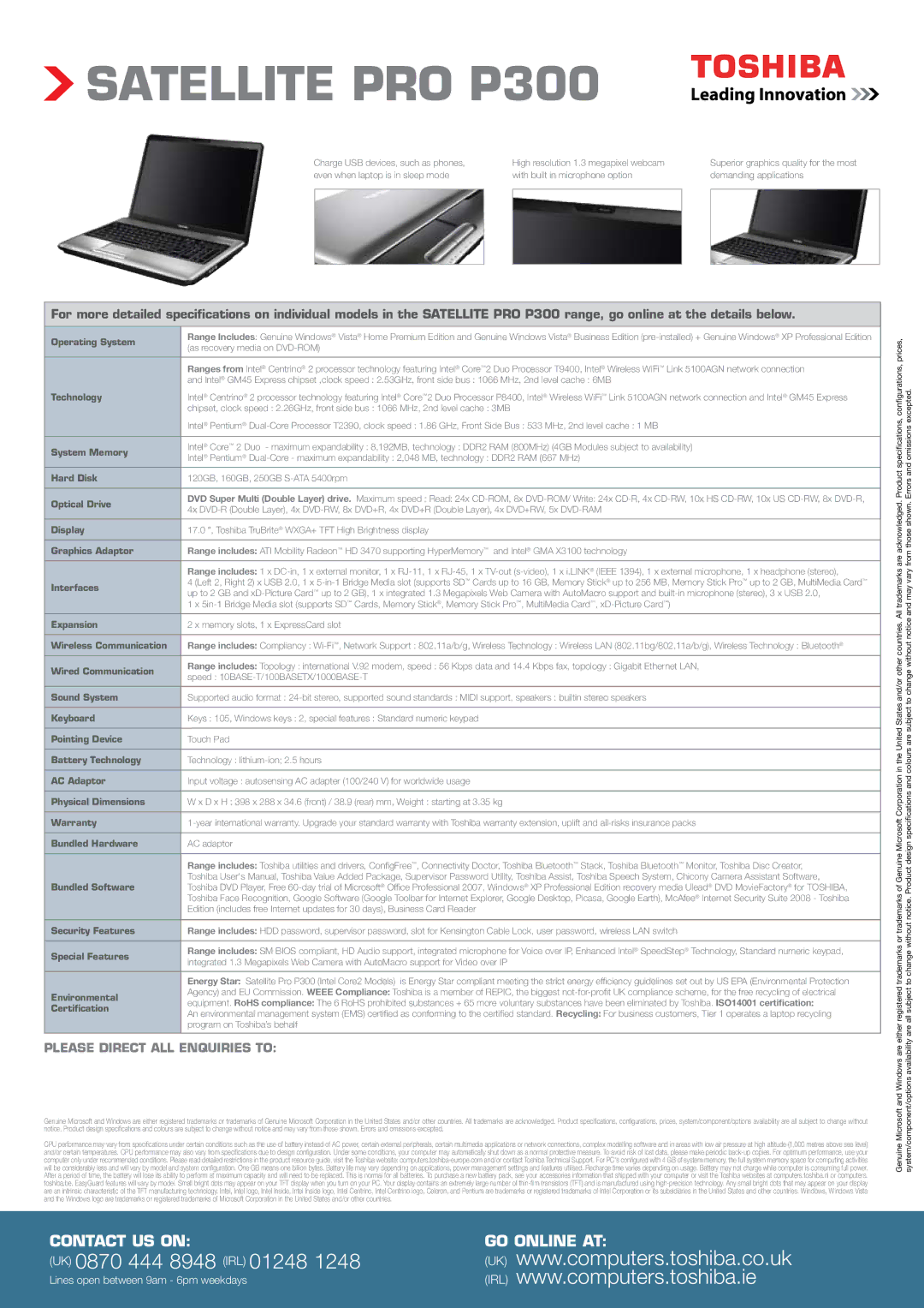 Toshiba P300 Operating System, Technology, System Memory, Hard Disk, Optical Drive, Display, Graphics Adaptor, Interfaces 