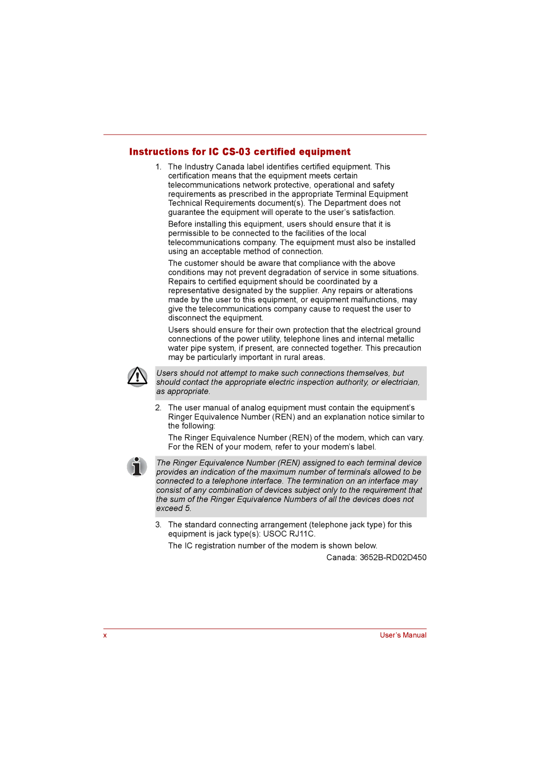 Toshiba P300 user manual Instructions for IC CS-03 certified equipment 