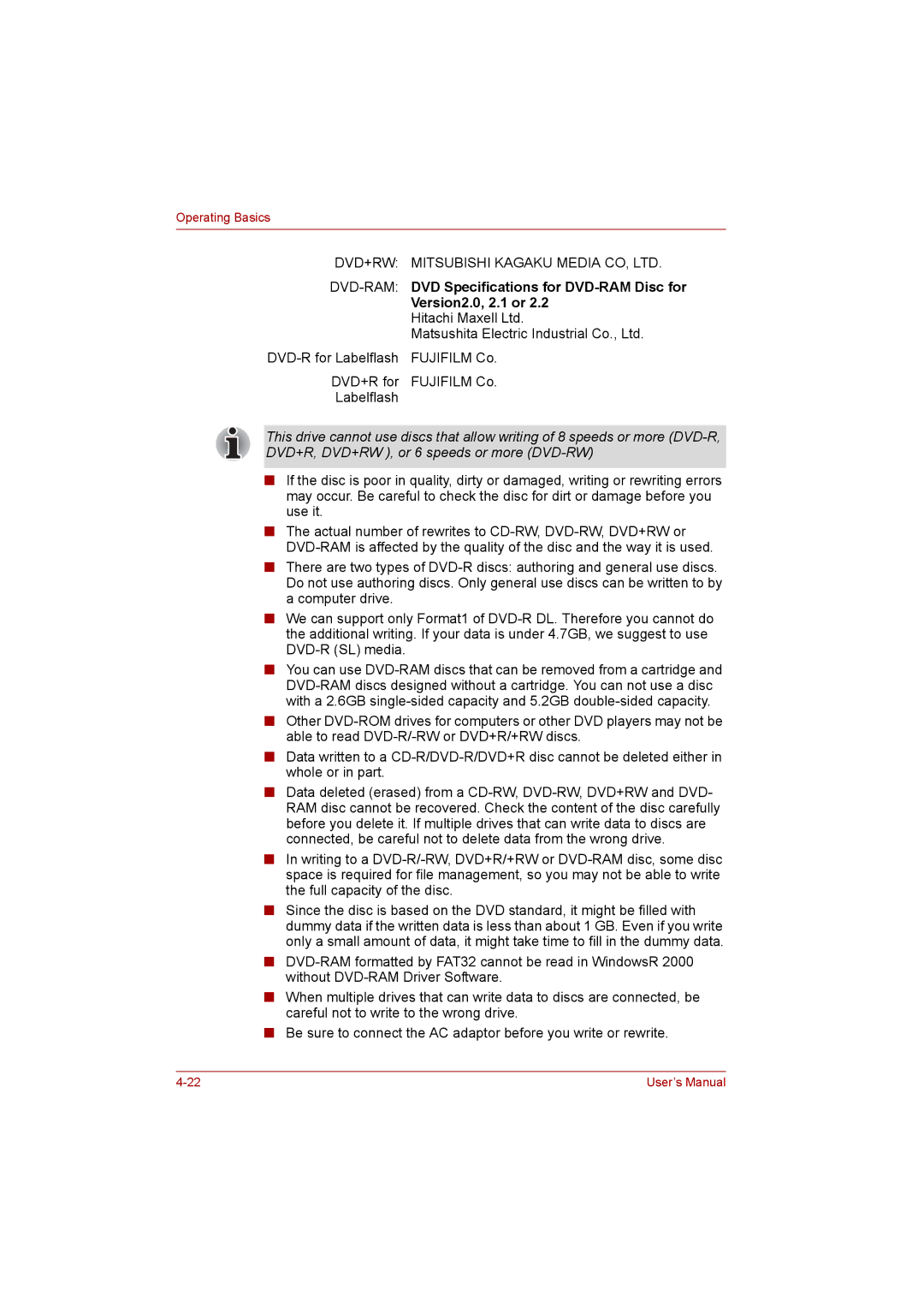 Toshiba P300 user manual DVD-R for Labelflash Fujifilm Co DVD+R for Fujifilm Co 