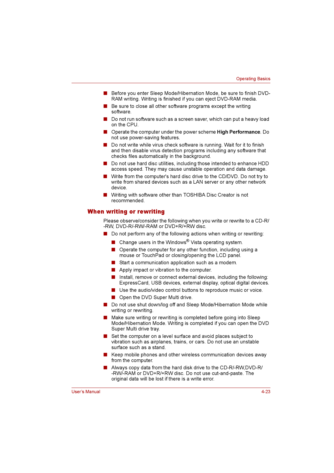 Toshiba P300 user manual When writing or rewriting 