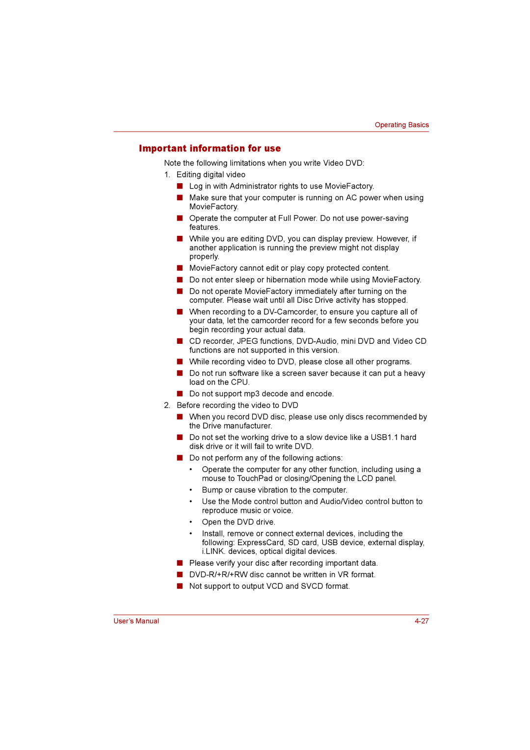 Toshiba P300 user manual Important information for use 