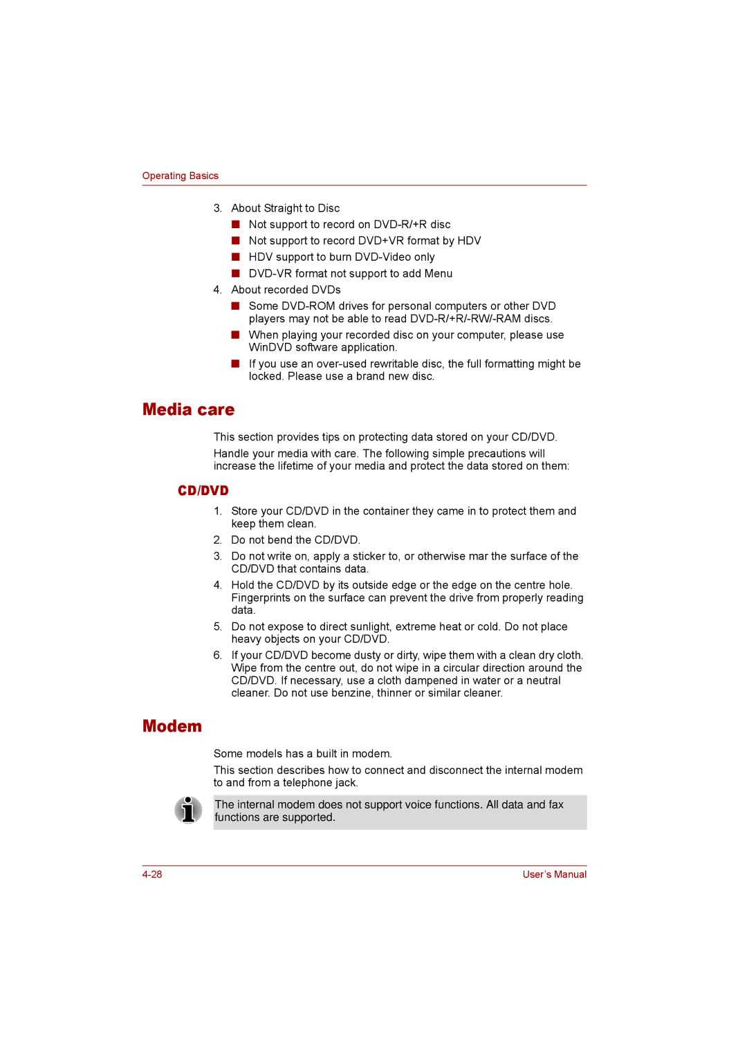 Toshiba P300 user manual Media care, Modem 