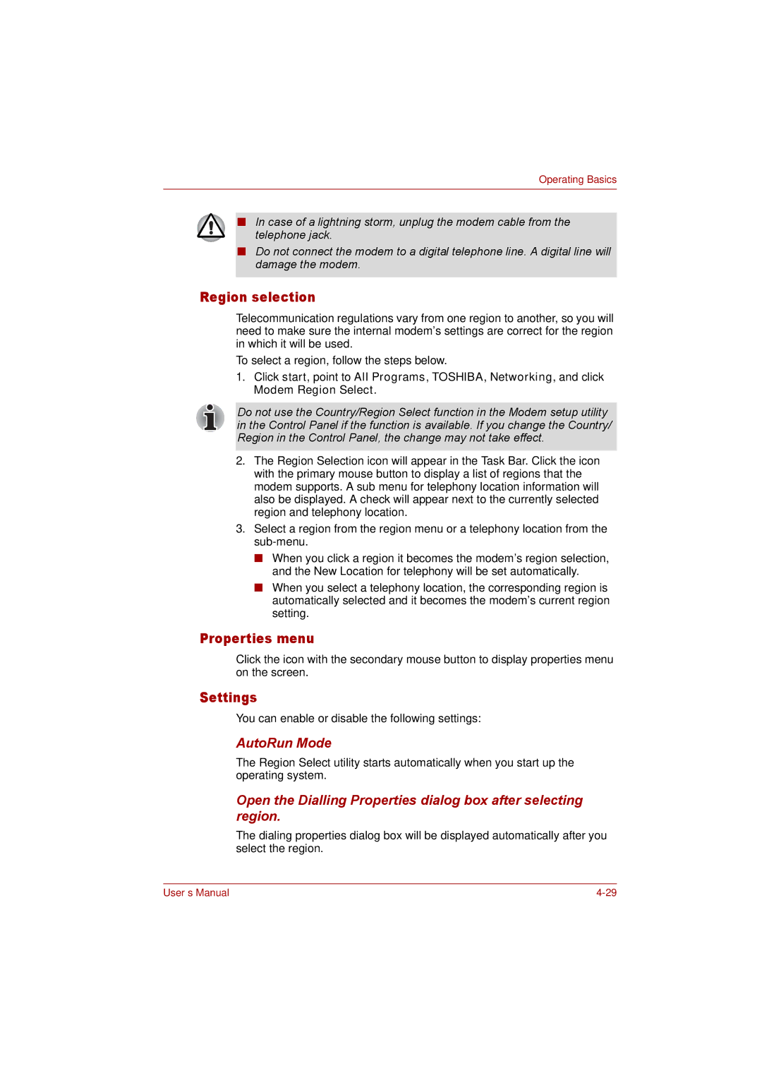 Toshiba P300 user manual Region selection, Properties menu, Settings, AutoRun Mode 