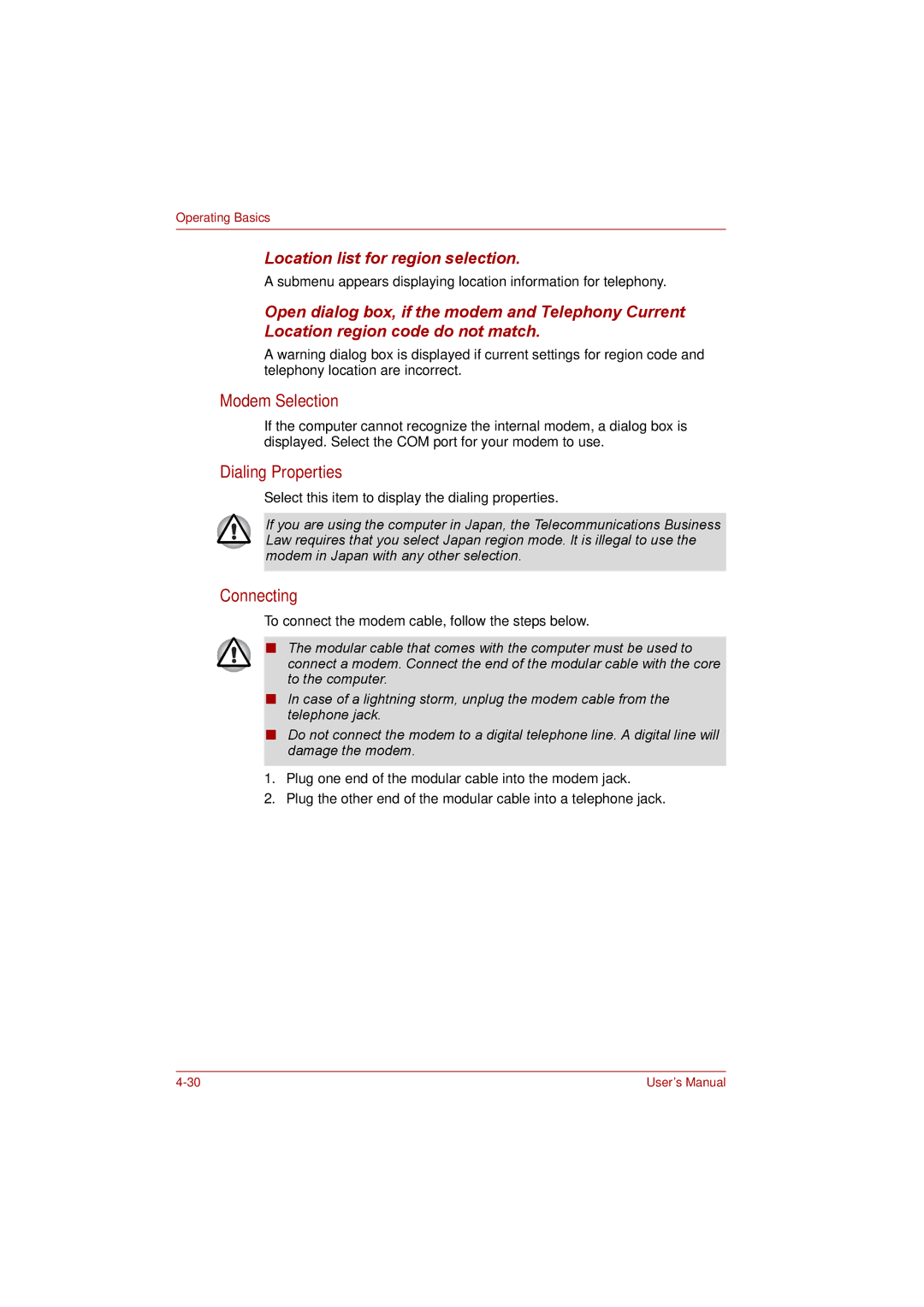 Toshiba P300 user manual Modem Selection, Dialing Properties, Connecting, Location list for region selection 