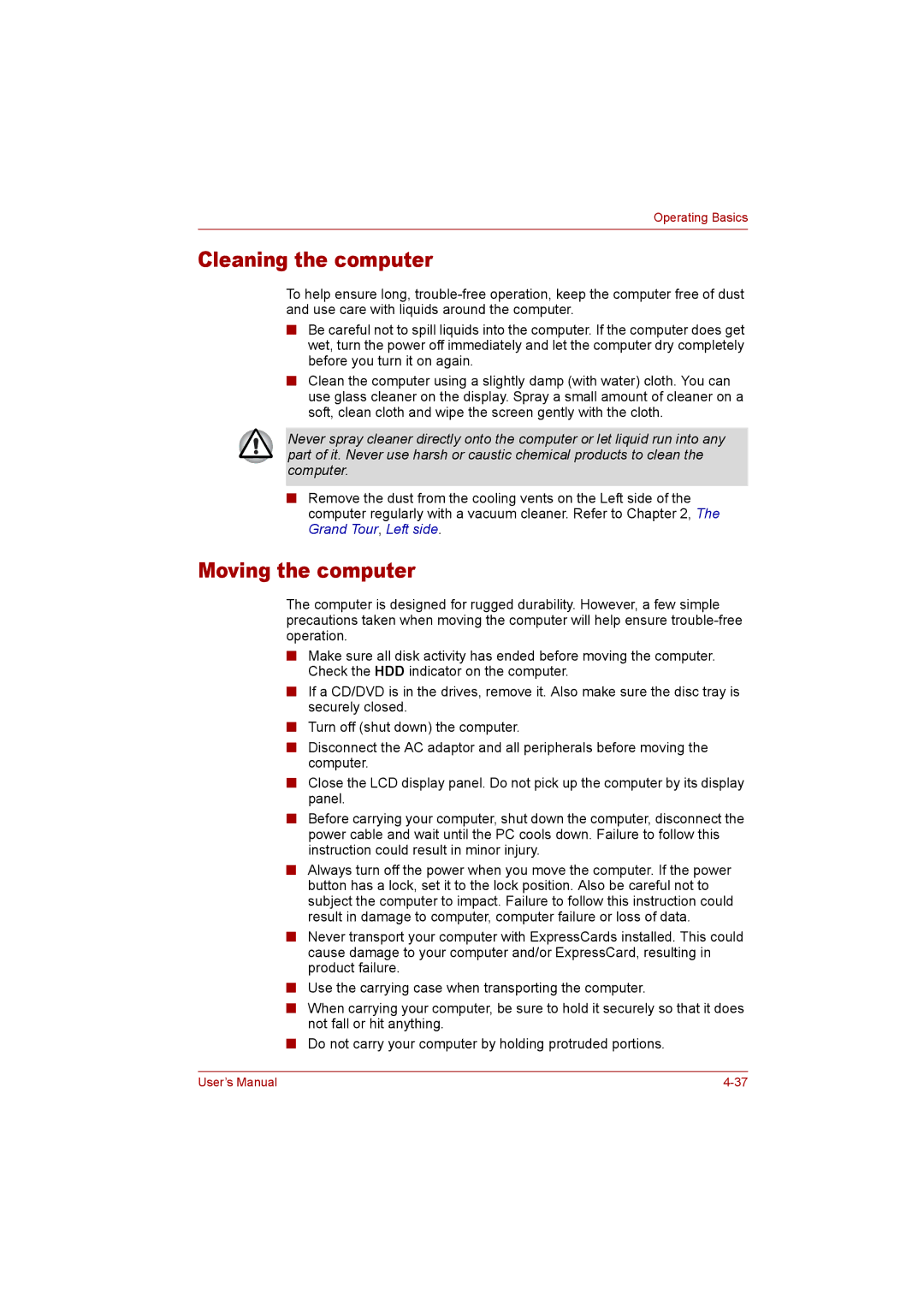 Toshiba P300 user manual Cleaning the computer, Moving the computer 