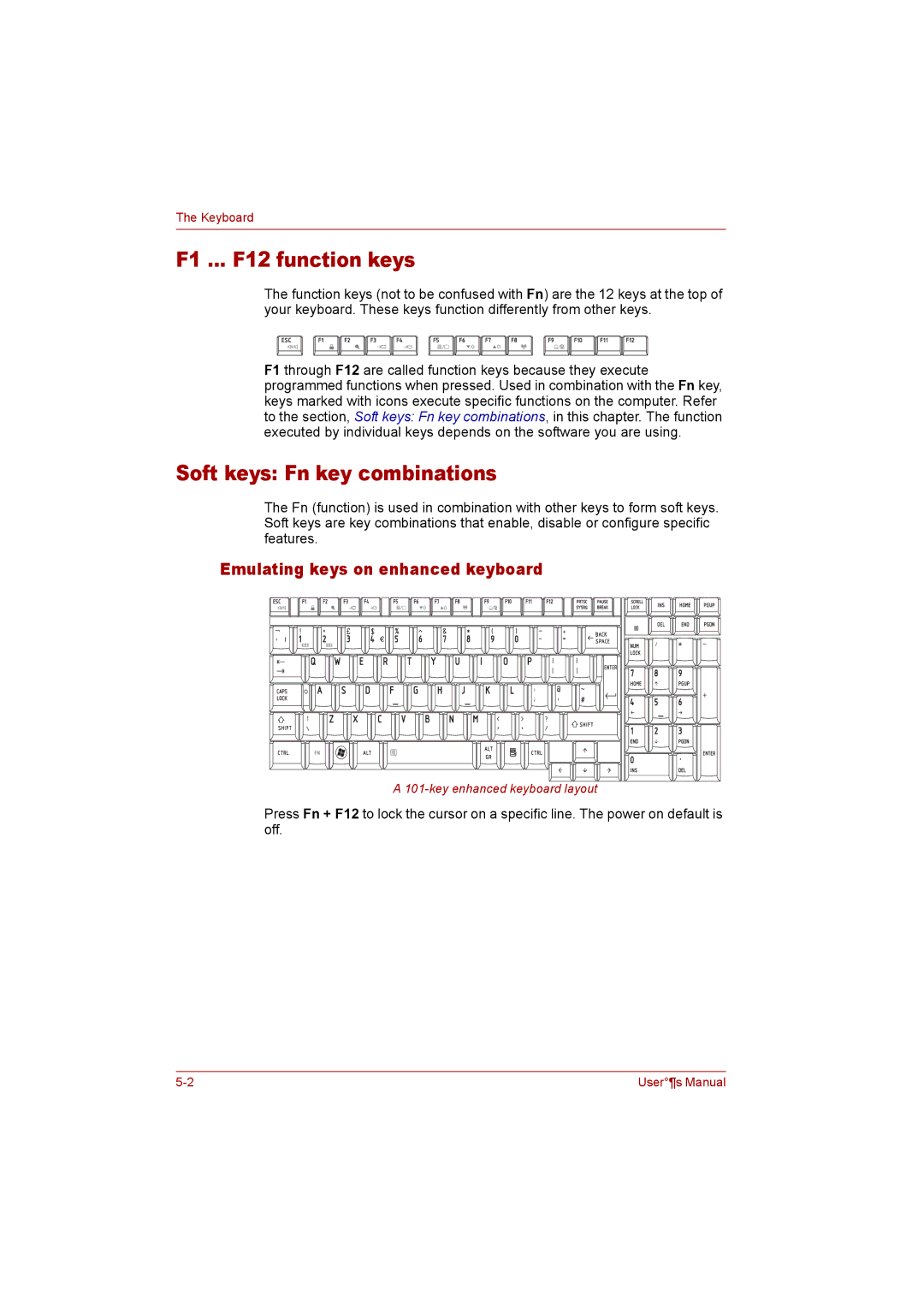 Toshiba P300 user manual F1 ... F12 function keys, Soft keys Fn key combinations, Emulating keys on enhanced keyboard 