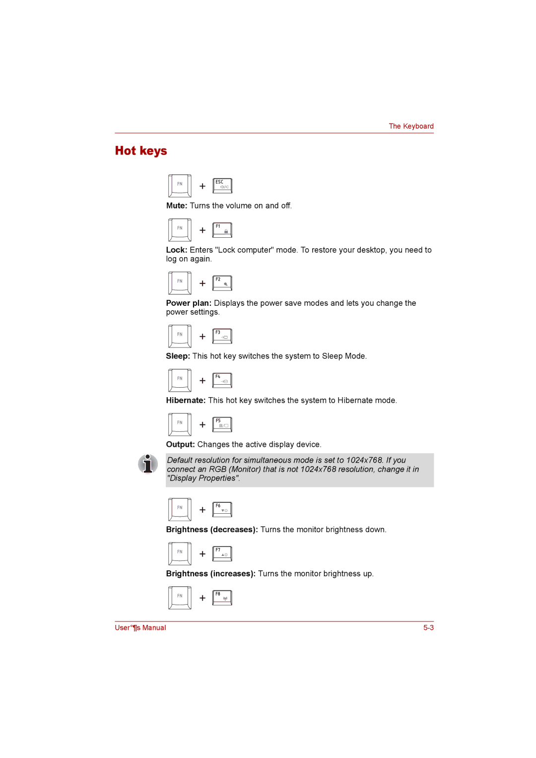 Toshiba P300 user manual Hot keys 