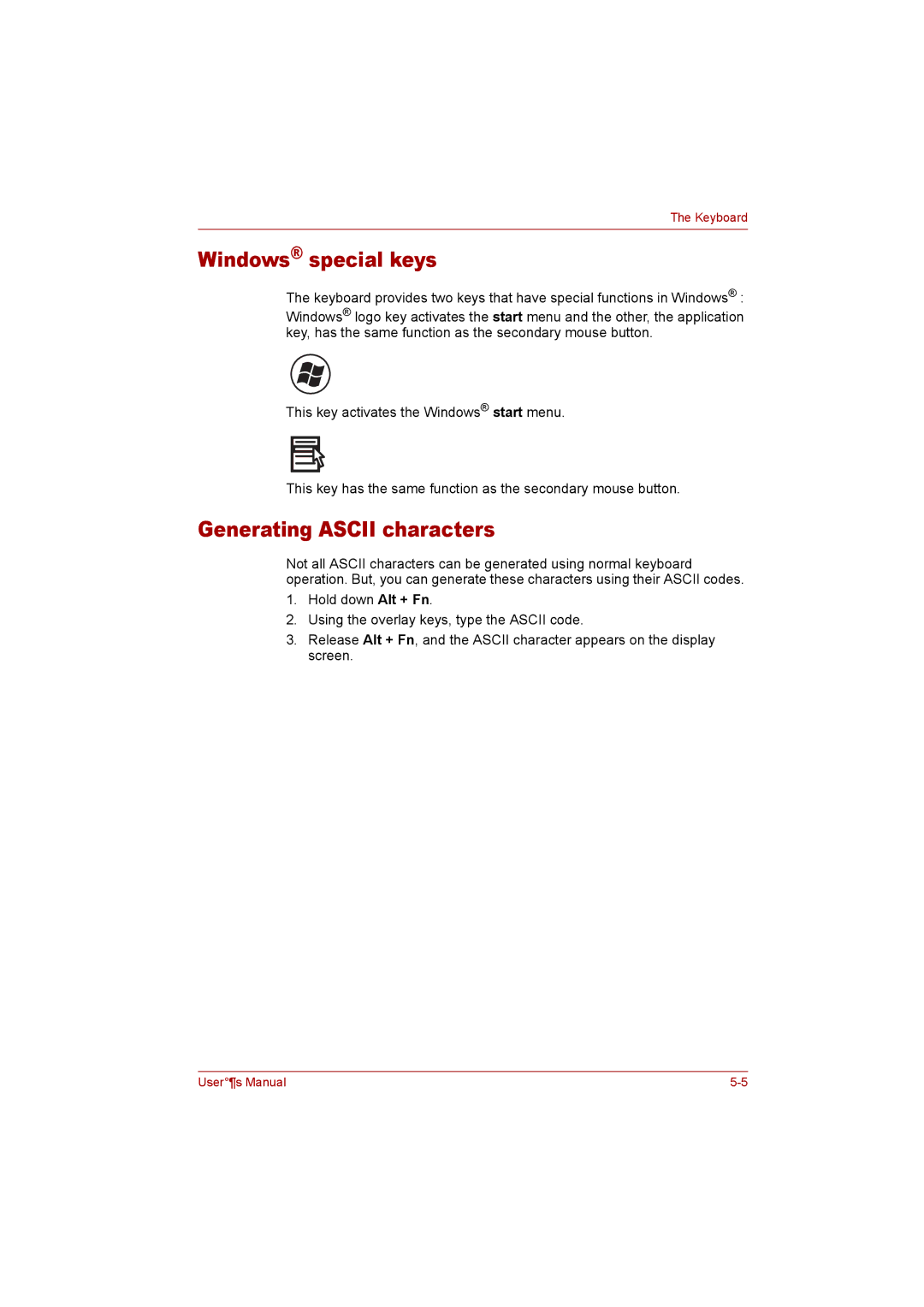 Toshiba P300 user manual Windows special keys, Generating Ascii characters 