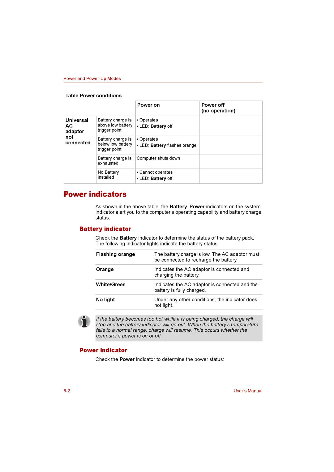 Toshiba P300 user manual Power indicators, Battery indicator 