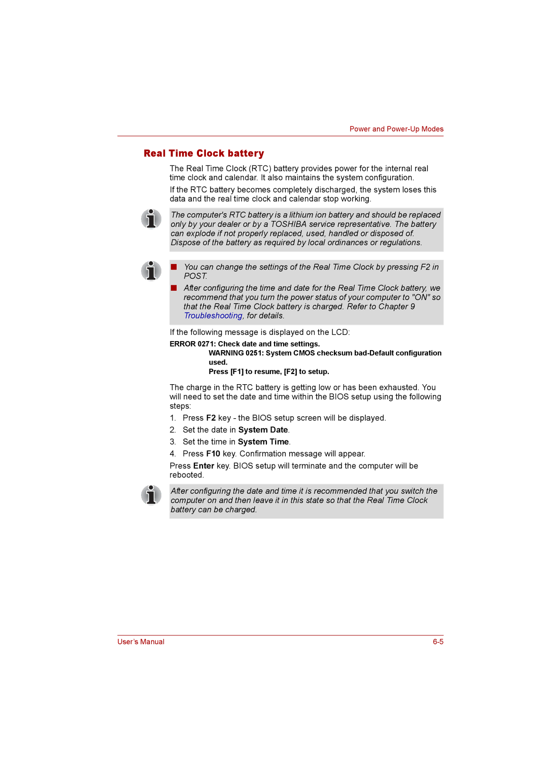 Toshiba P300 user manual Real Time Clock battery 