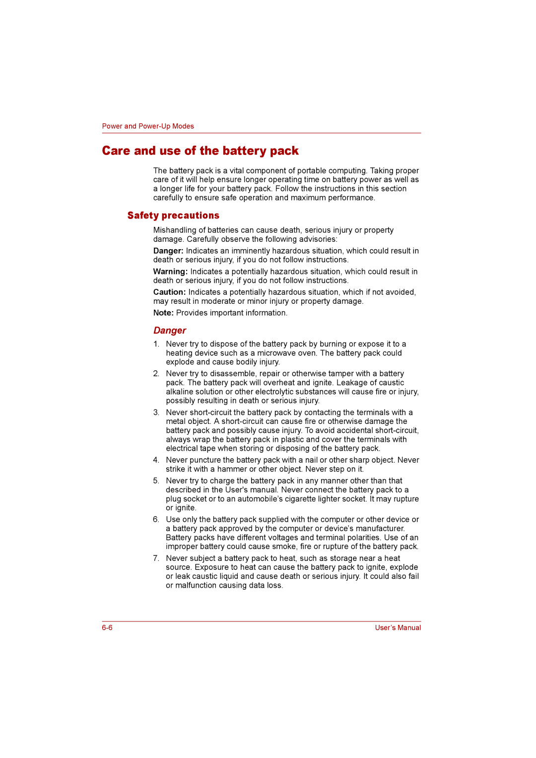 Toshiba P300 user manual Care and use of the battery pack, Safety precautions 