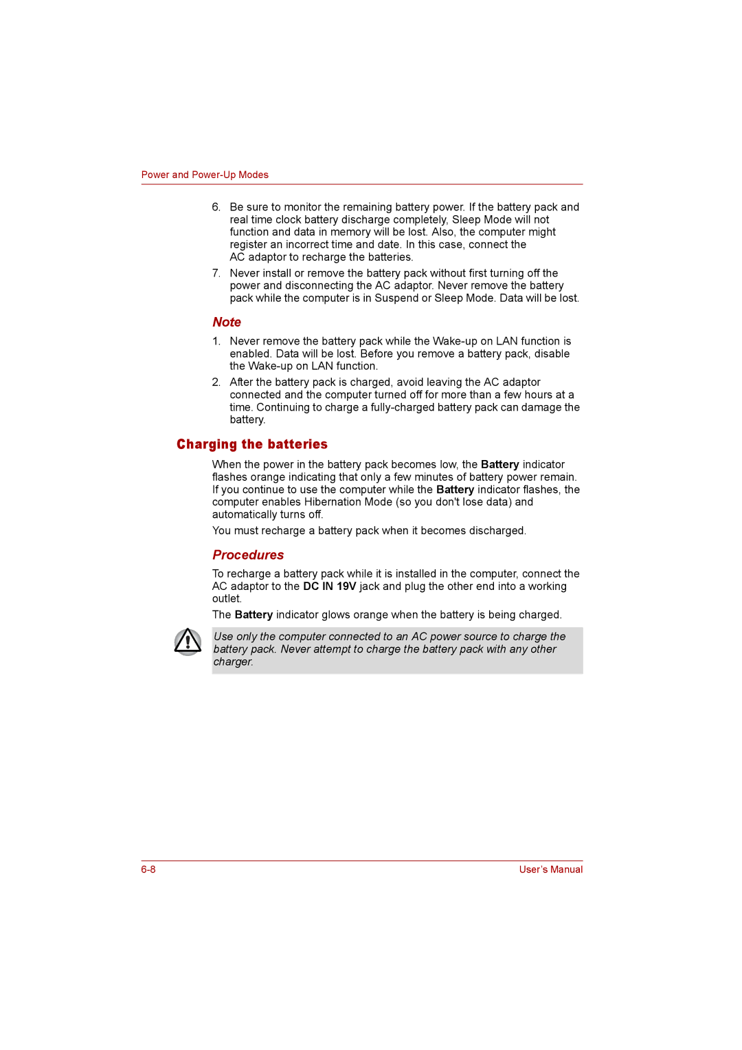 Toshiba P300 user manual Charging the batteries, Procedures 