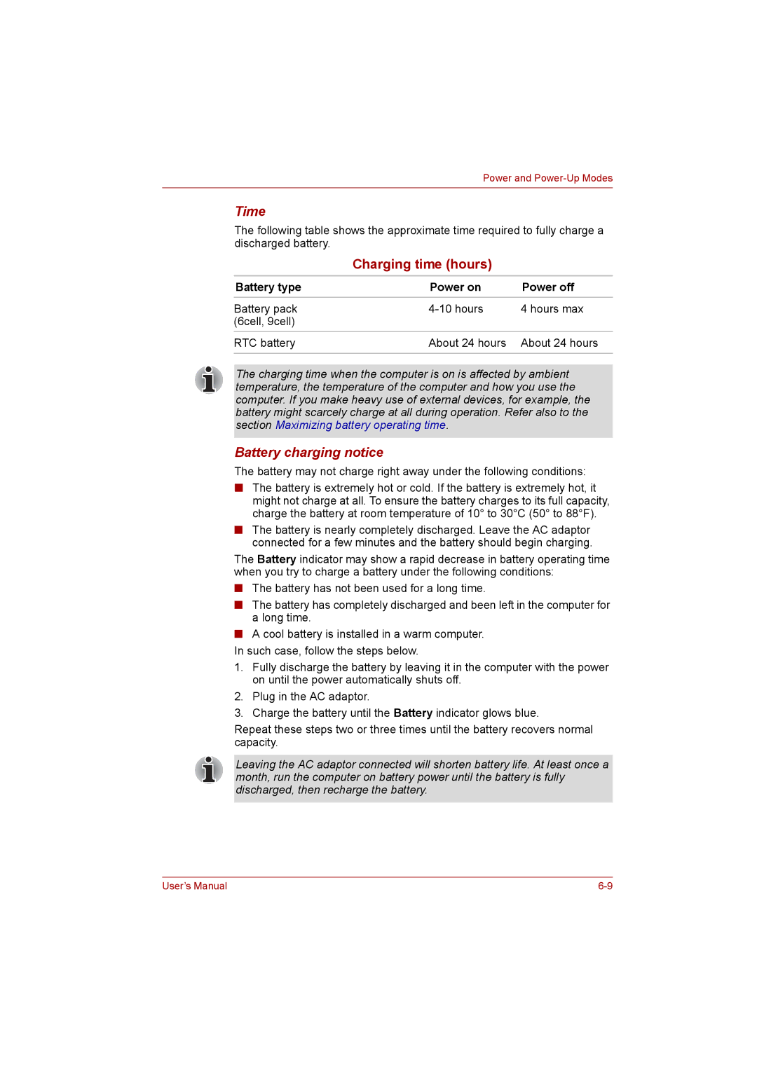 Toshiba P300 user manual Time, Battery charging notice, Battery type Power on Power off 