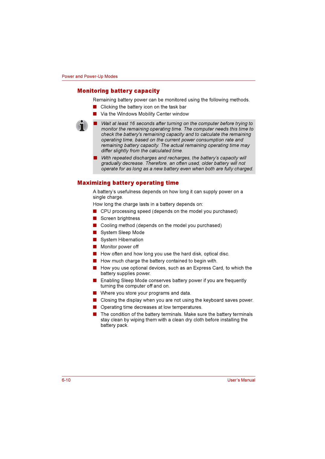 Toshiba P300 user manual Monitoring battery capacity, Maximizing battery operating time 