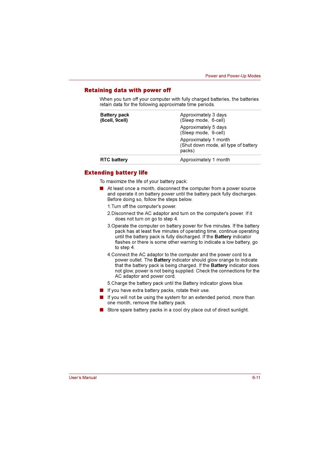 Toshiba P300 user manual Retaining data with power off, Extending battery life, 6cell, 9cell 