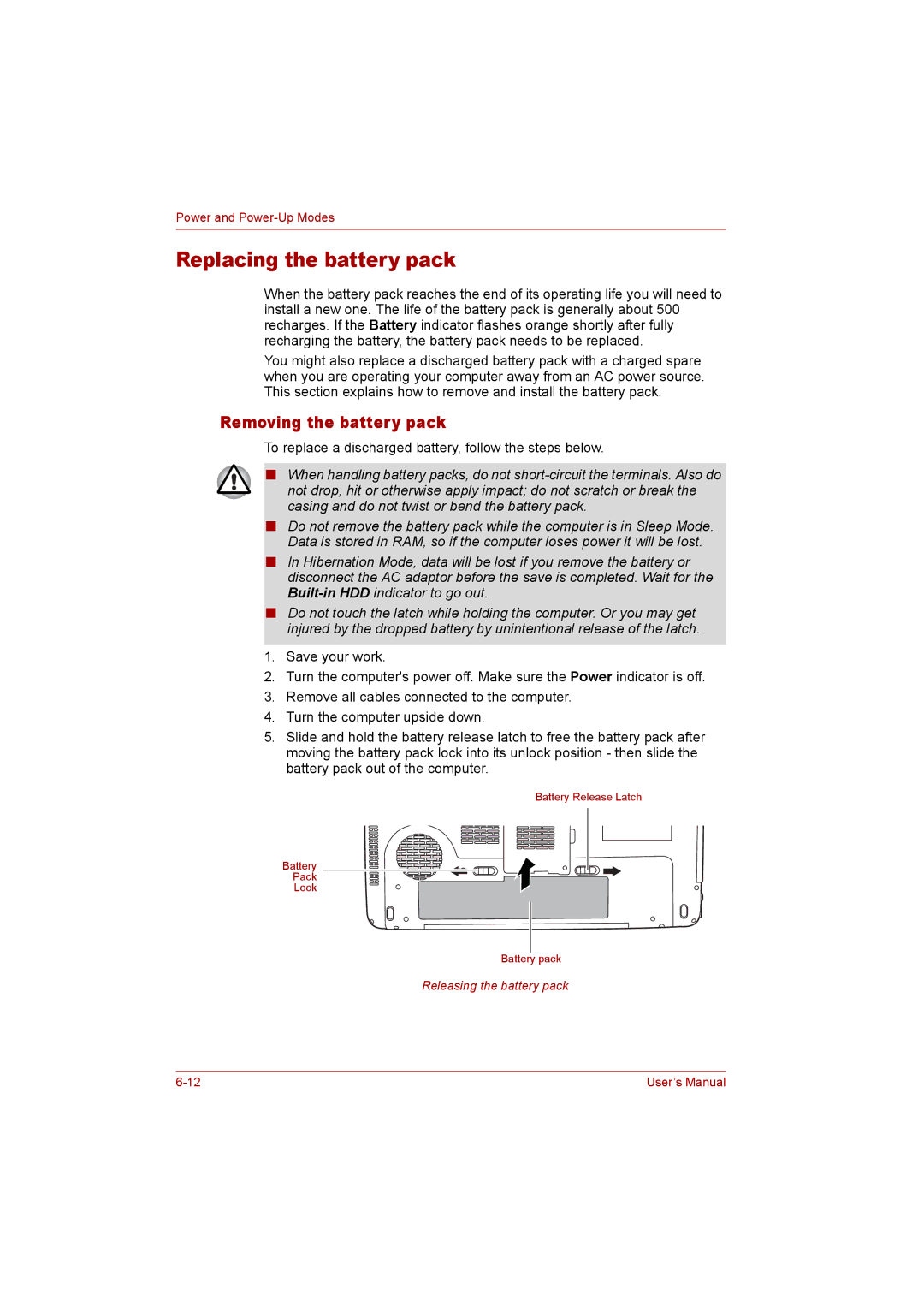 Toshiba P300 user manual Replacing the battery pack, Removing the battery pack 