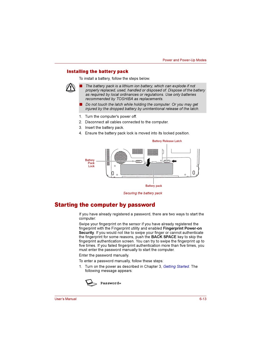 Toshiba P300 user manual Starting the computer by password, Installing the battery pack 