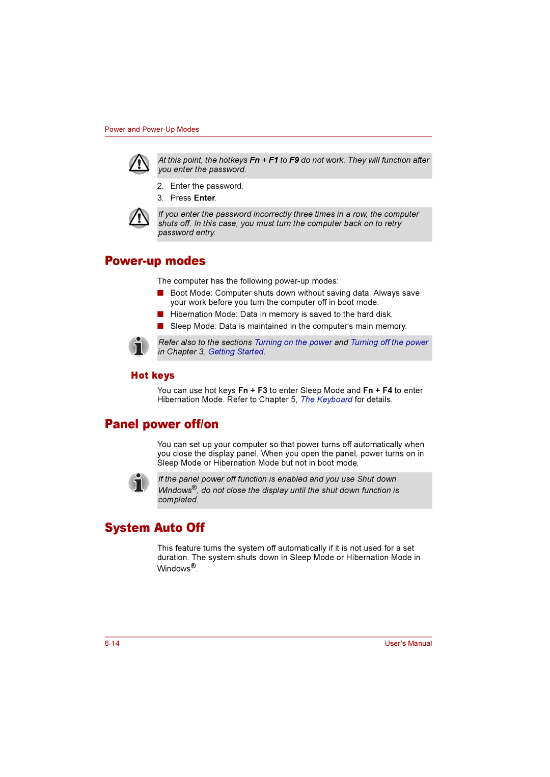 Toshiba P300 user manual Power-up modes, Panel power off/on, System Auto Off, Hot keys 