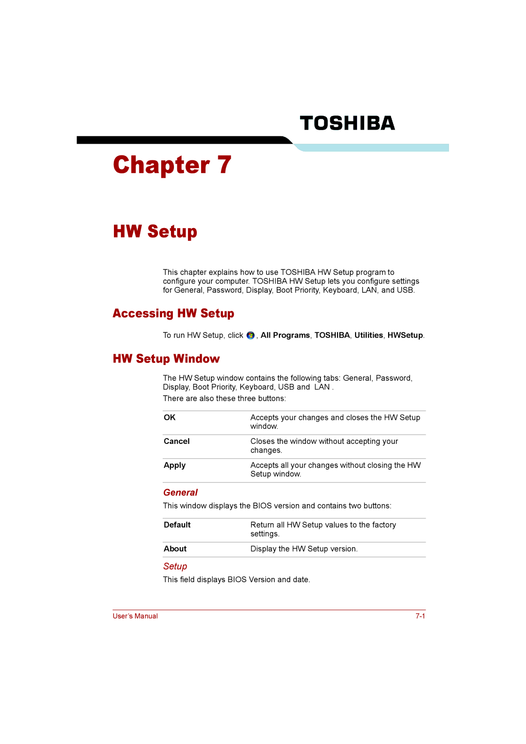 Toshiba P300 user manual Accessing HW Setup, HW Setup Window, Cancel, Apply 