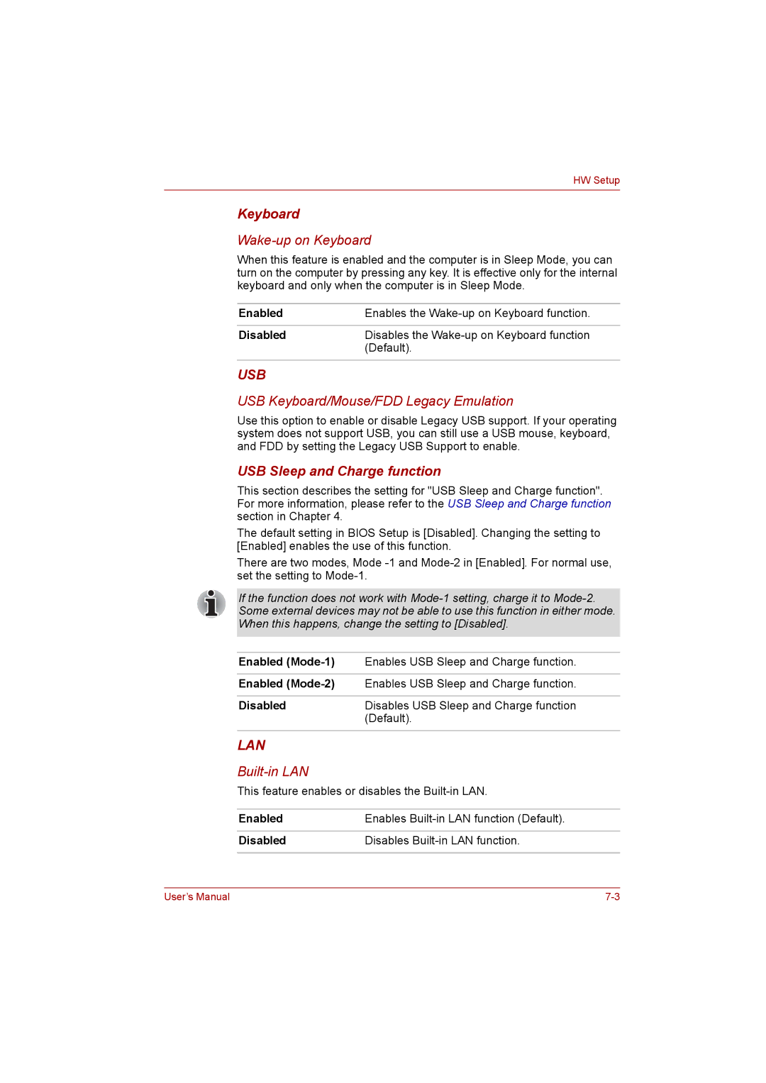 Toshiba P300 user manual USB Sleep and Charge function, Enabled, Disabled 