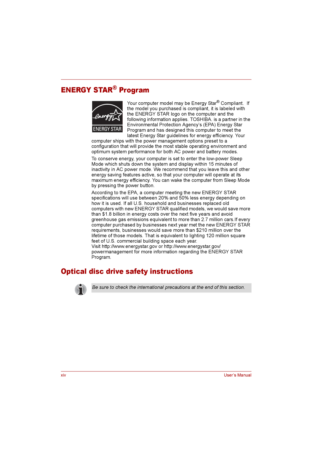 Toshiba P300 user manual Energy Star Program, Optical disc drive safety instructions 