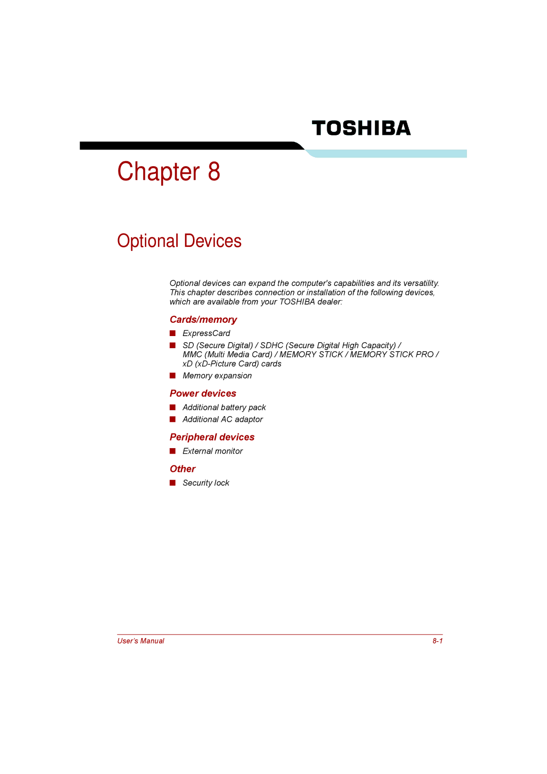 Toshiba P300 user manual Optional Devices, Cards/memory, Power devices, Peripheral devices, Other 