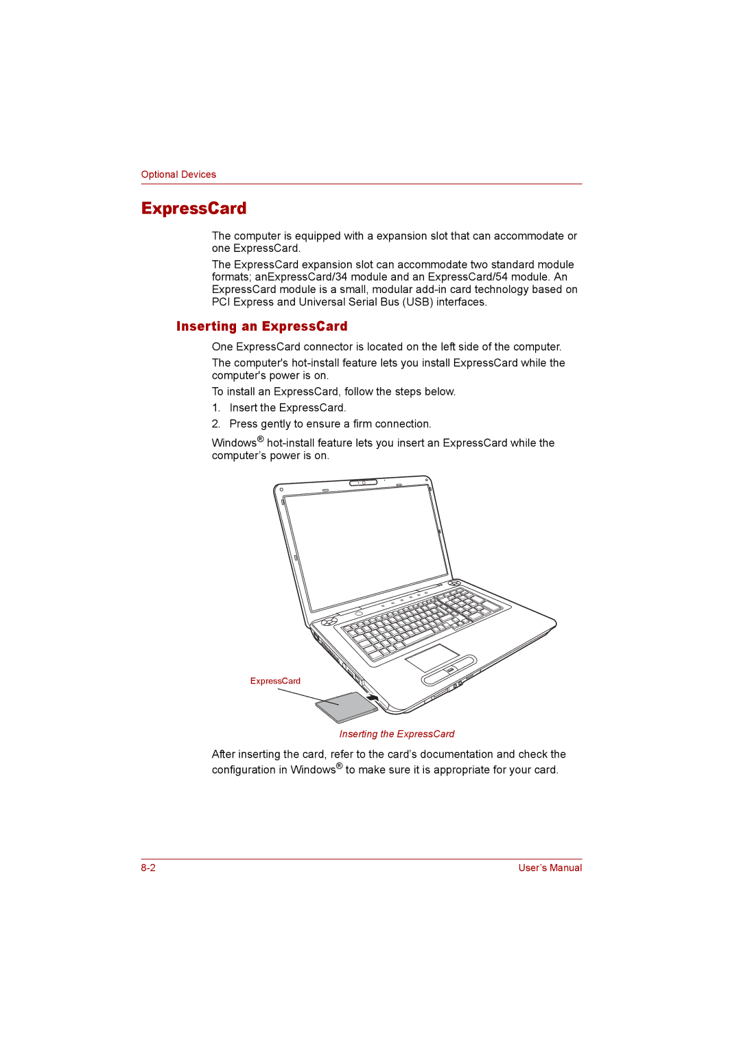 Toshiba P300 user manual Inserting an ExpressCard 