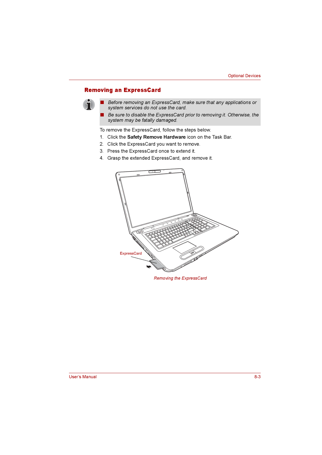 Toshiba P300 user manual Removing an ExpressCard 