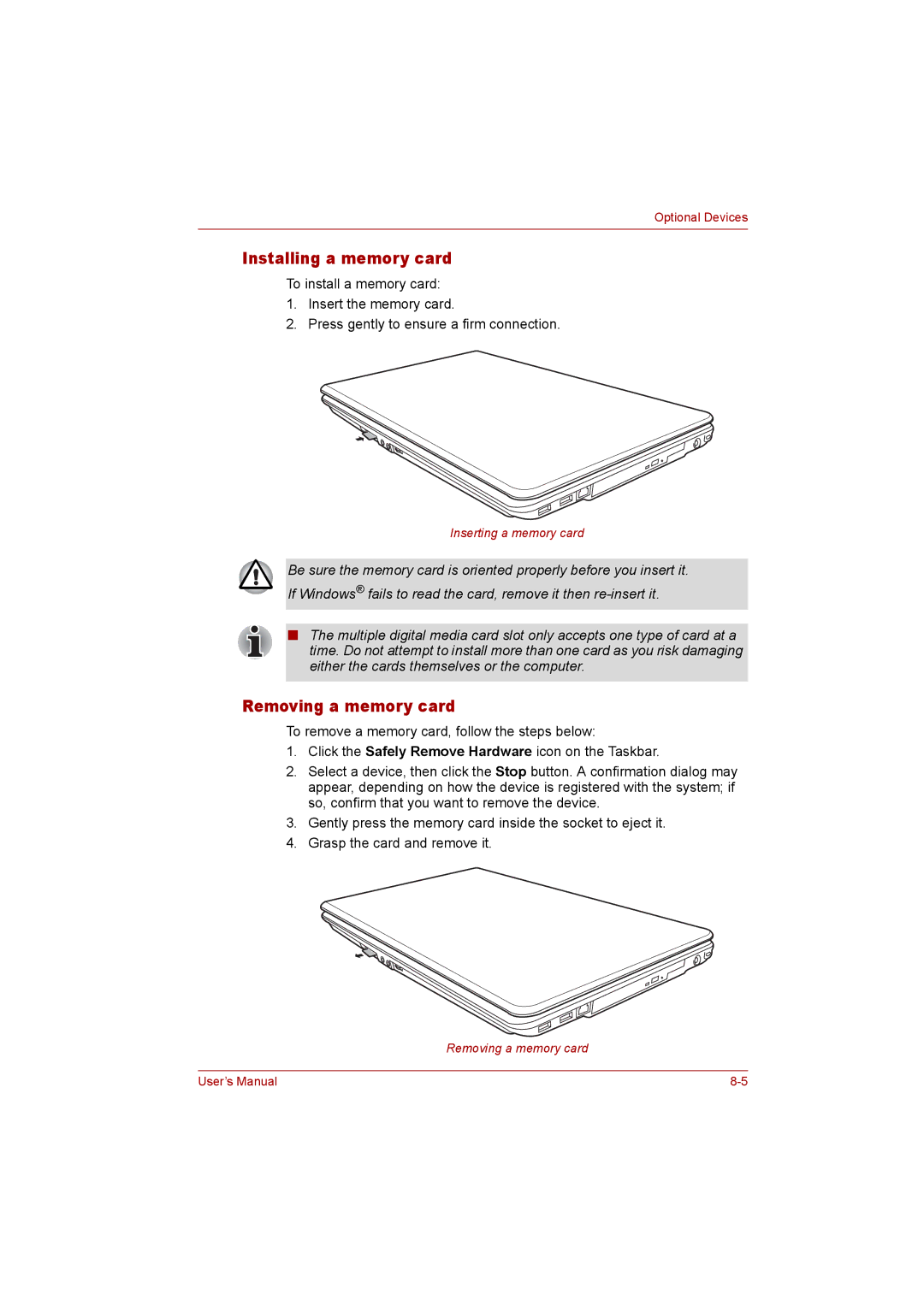 Toshiba P300 user manual Installing a memory card, Removing a memory card 