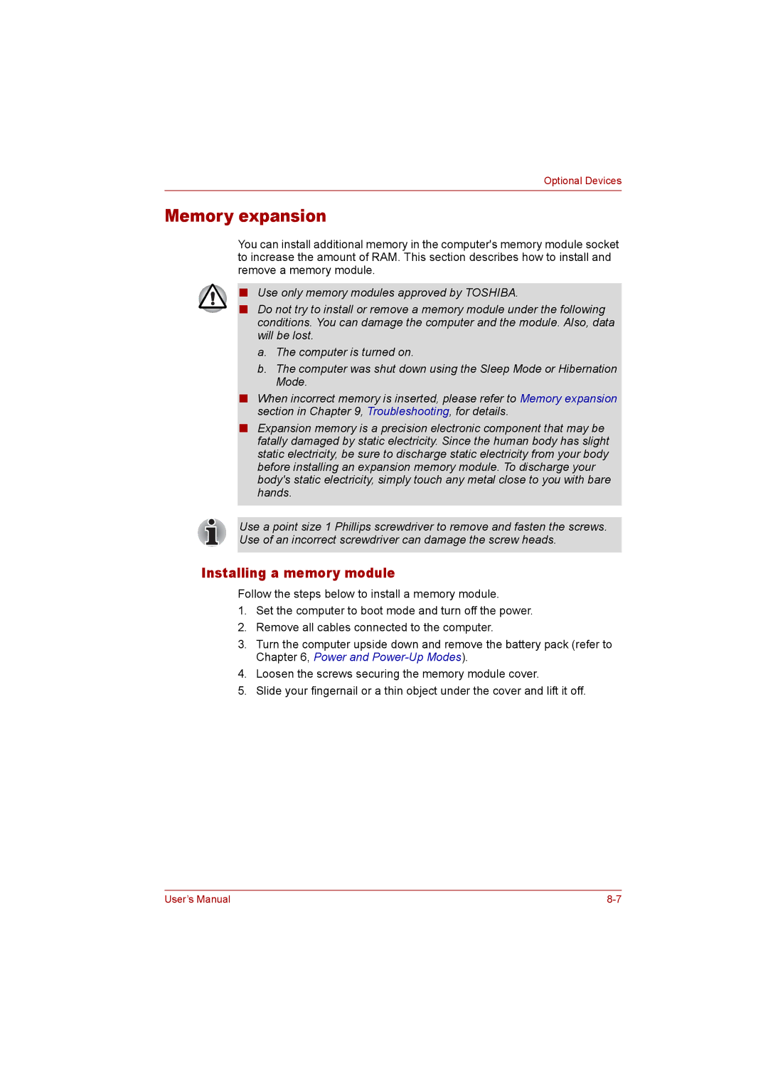 Toshiba P300 user manual Memory expansion, Installing a memory module 