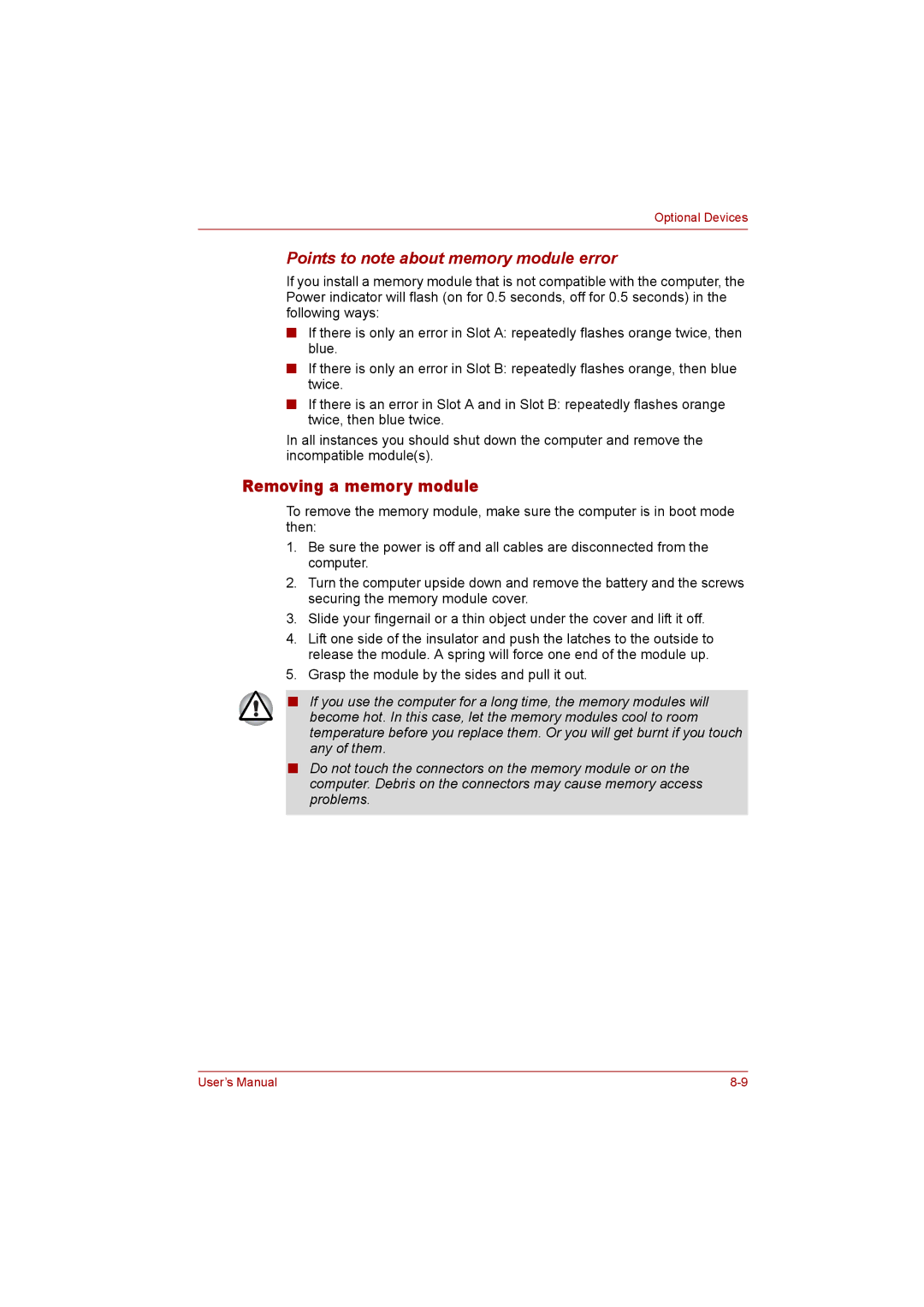 Toshiba P300 user manual Removing a memory module, Points to note about memory module error 