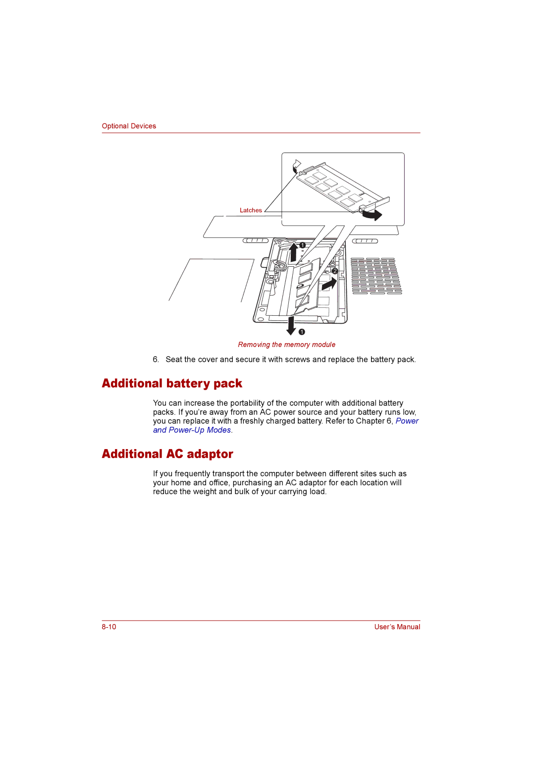 Toshiba P300 user manual Additional battery pack, Additional AC adaptor 