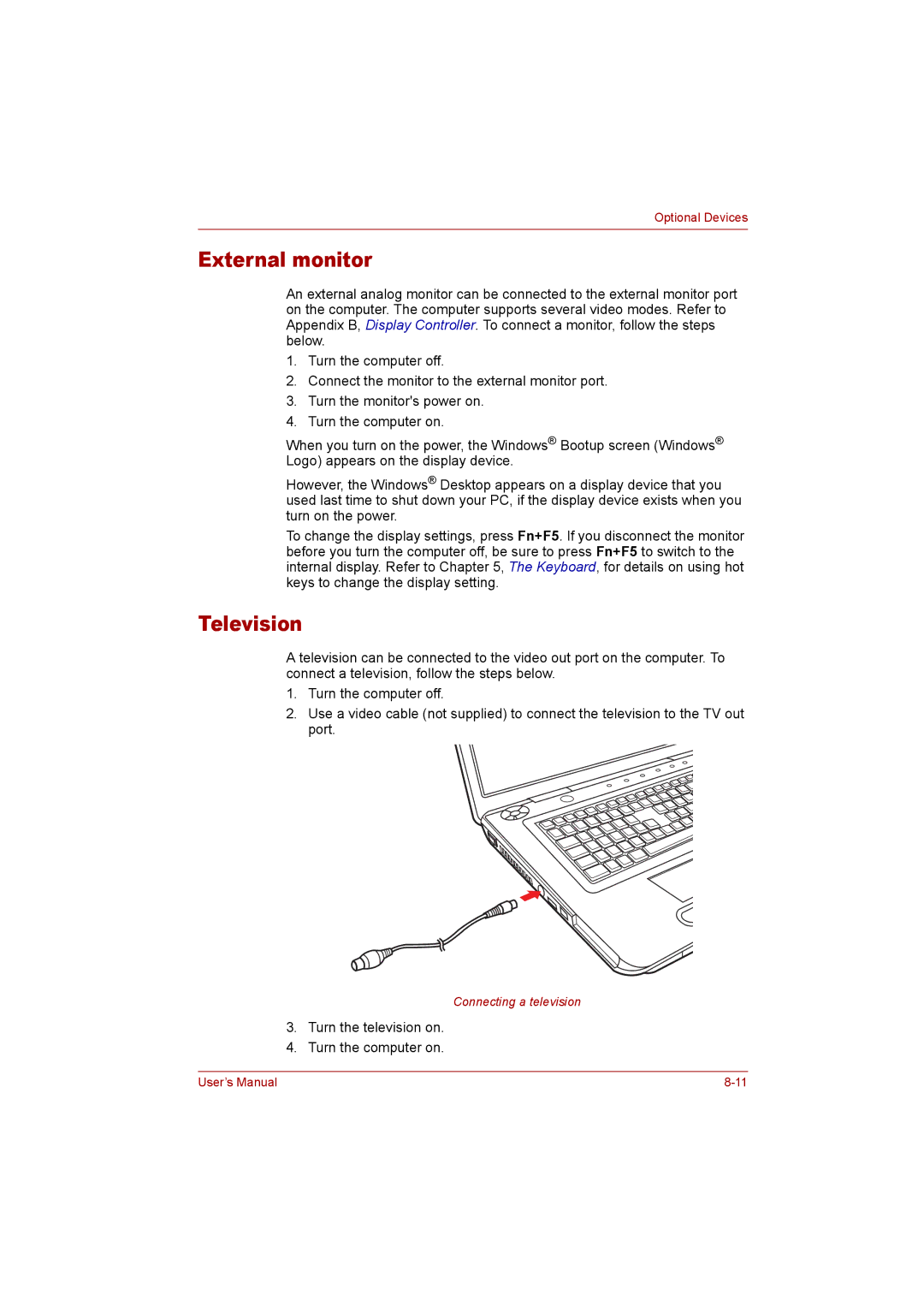 Toshiba P300 user manual External monitor, Television 