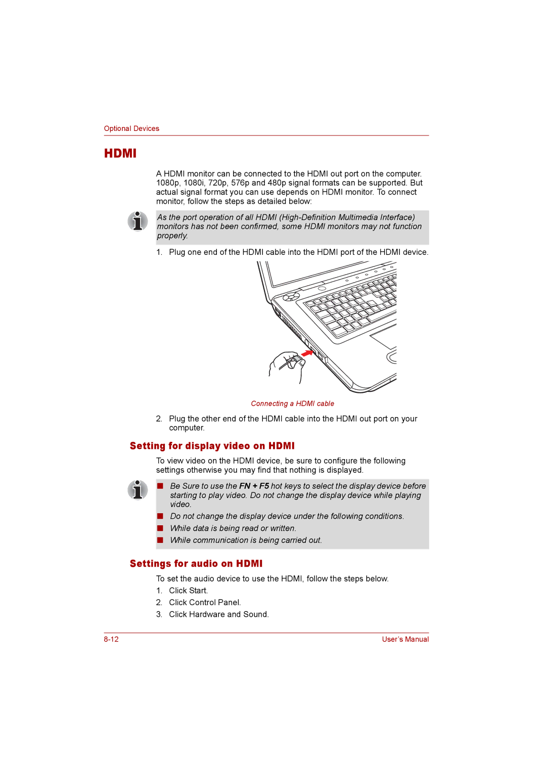 Toshiba P300 user manual Setting for display video on Hdmi, Settings for audio on Hdmi 