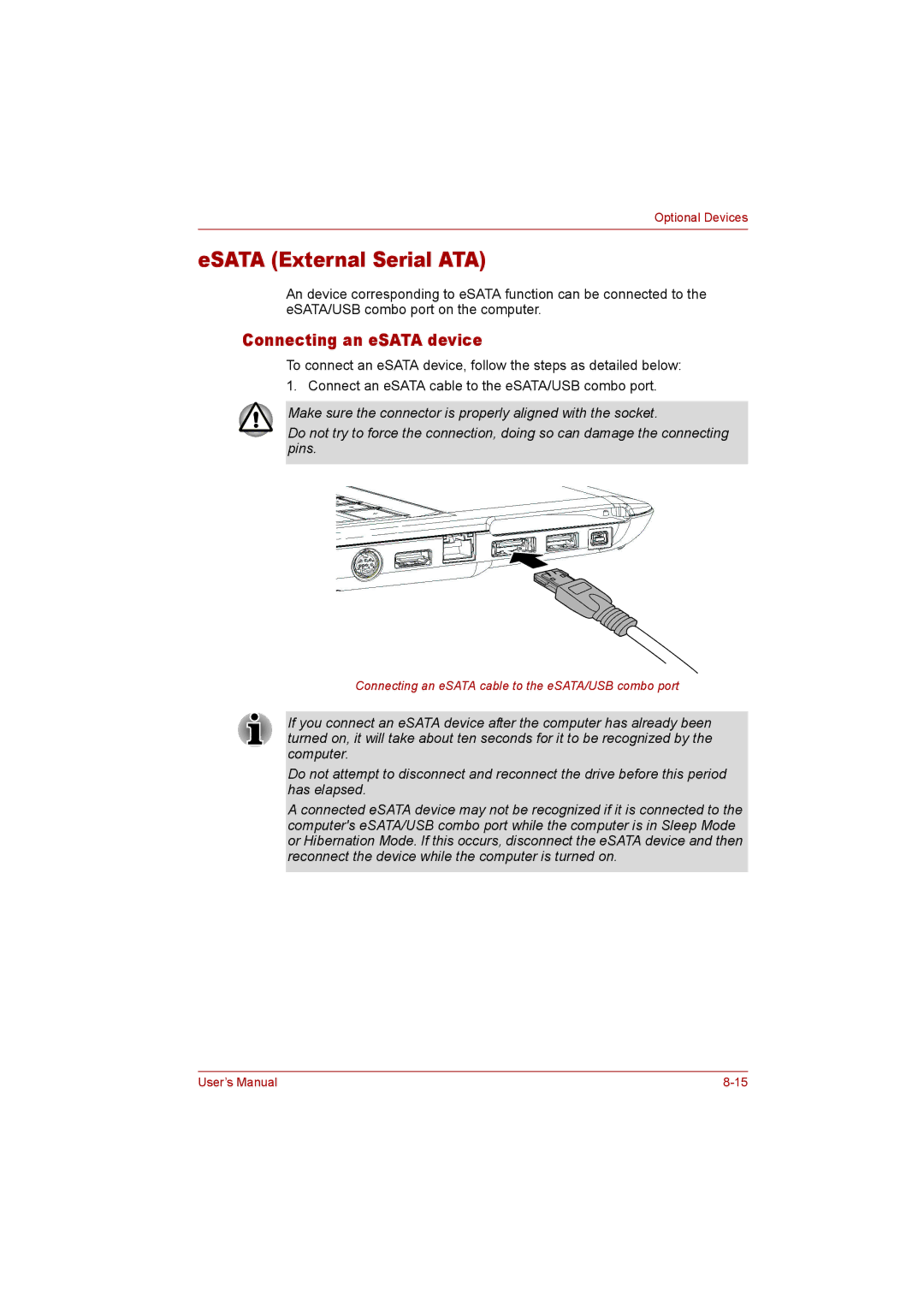 Toshiba P300 user manual ESATA External Serial ATA, Connecting an eSATA device 