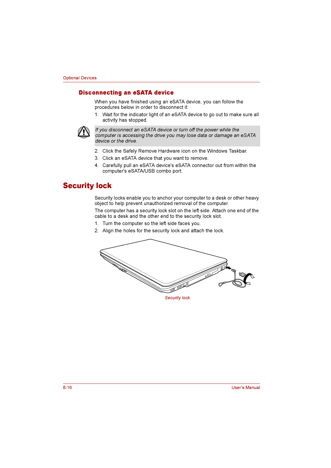 Toshiba P300 user manual Security lock, Disconnecting an eSATA device 